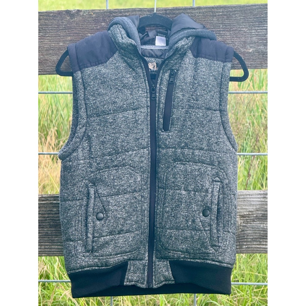 First Wave Boys Gray‎ Marl Hooded Puffer Vest Quilted Full Zip Size 18/20 XL